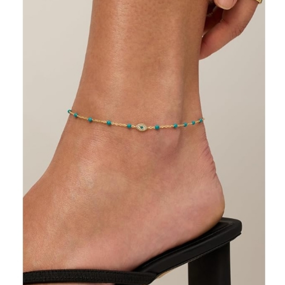 14K Gold Plated Charm Link Chain Eye Adjustable Anklet - Picture 2 of 4
